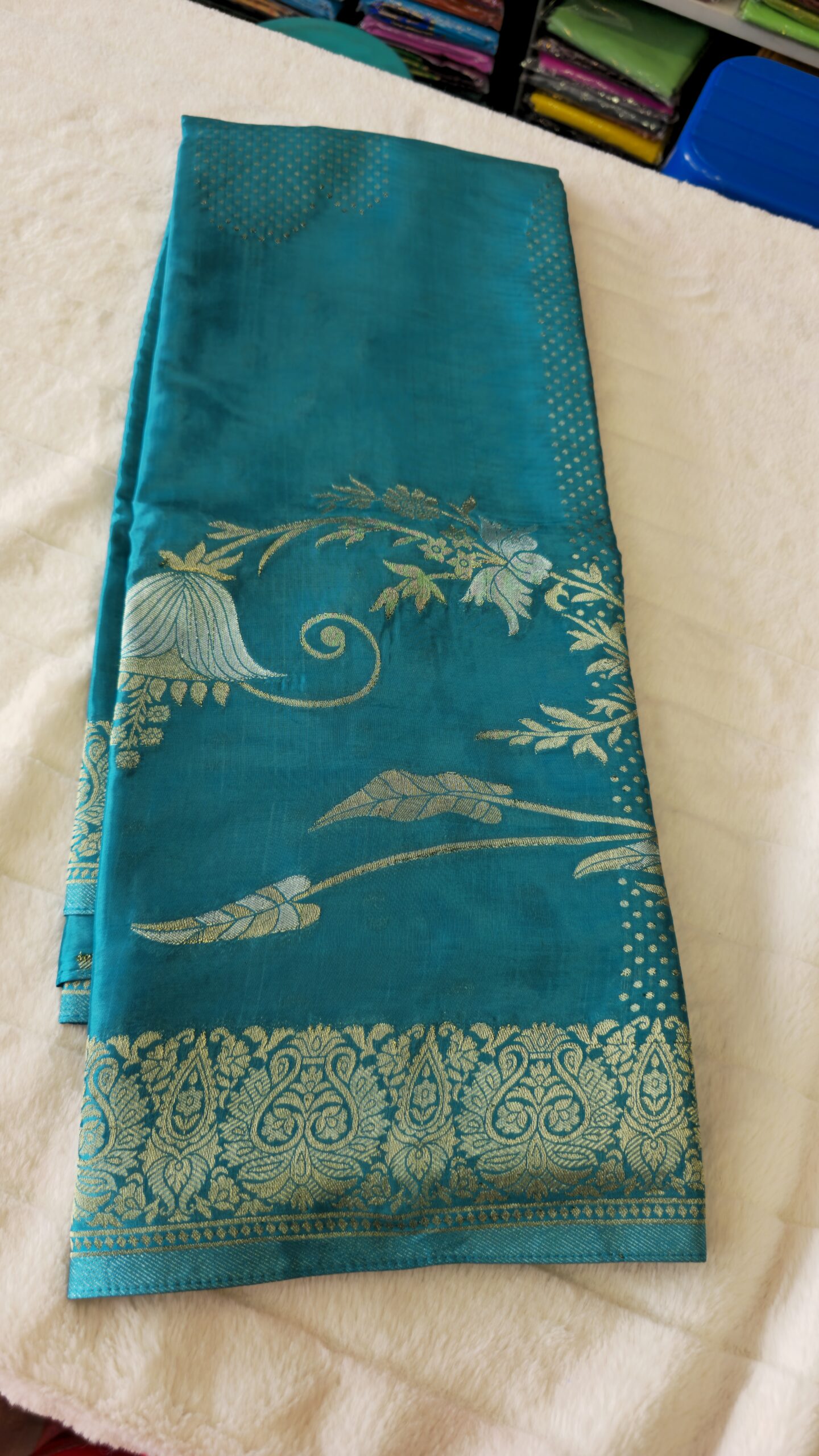 Premium quality viscos crepe Teal Blue Pure Mysore Silk Saree gold and silver weaving - Image 2