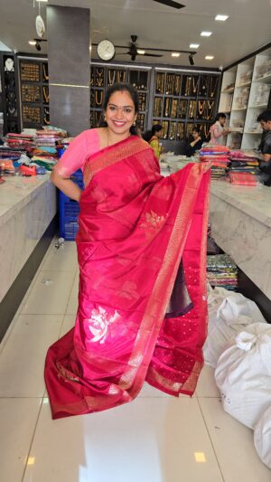Premium quality viscos crepe  Red Pure Mysore Silk Saree gold and silver weaving
