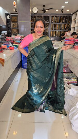 Premium quality viscos crepe  Dark Green Pure Mysore Silk Saree gold and silver weaving