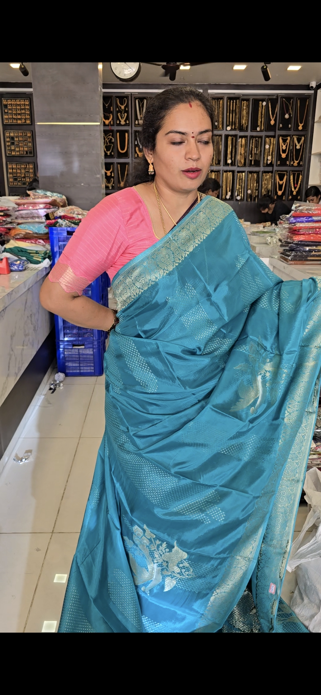 Premium quality viscos crepe Teal Blue Pure Mysore Silk Saree gold and silver weaving - Image 3